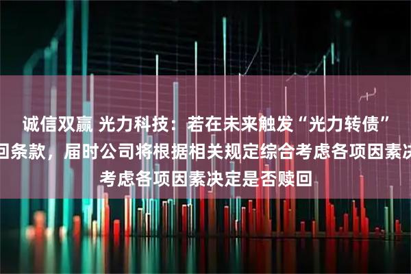 诚信双赢 光力科技：若在未来触发“光力转债”的有条件赎回条款，届时公司将根据相关规定综合考虑各项因素决定是否赎回